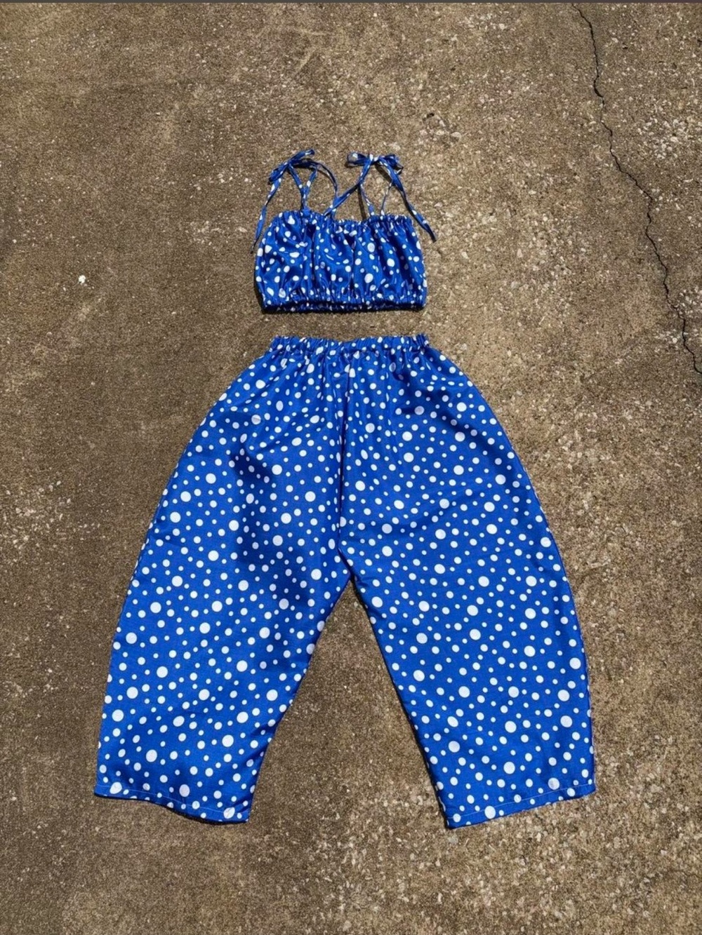 Cobalt Blue Polka Dot Two-Piece Set - Crop Top & Barrel Leg Pants